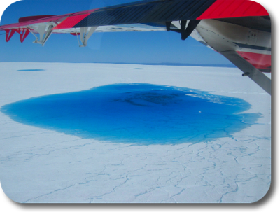 Ponds on the ice-surface of Greendland. Photo by [Sara Das][17]